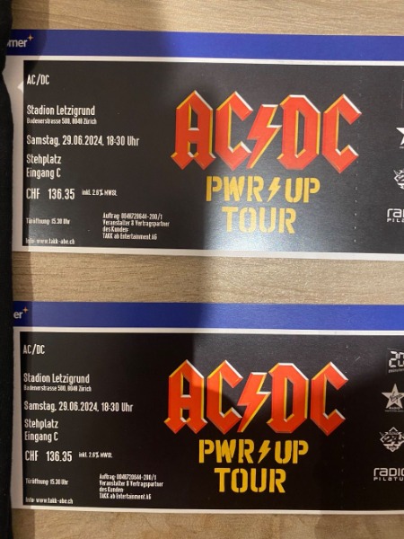 2 Billets, entrée C concert d"AC/DC Zurich