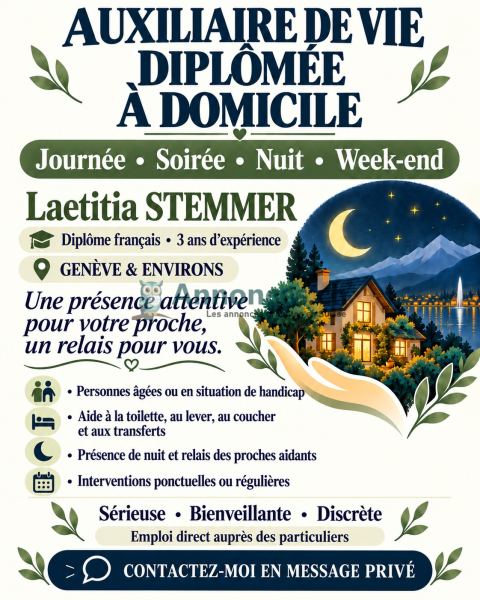 Auxiliaire de vie diplômée – Genève et environs – Jour et nuit